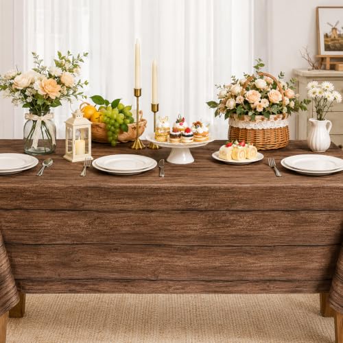 Image of LINHAXM 3 Pack Brown Wood Grain Tablecloths, Western Party Decorations, Vintage Farmhouse Tablecloth, Rustic Plastic Table Covers for Rodeo Western Barn Birthday Wedding Party Decor, 54 x 108 Inch