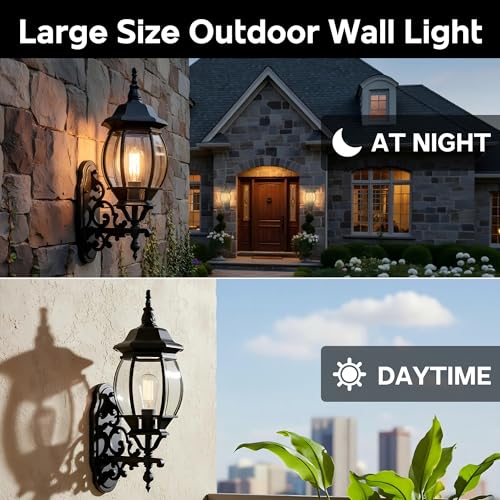 Image of 23 Inch Vintage Black Wall Sconce - Large Black Outside Light for House, Die-cast Aluminum and Glass Extra Large Outdoor Wall Light for Porch Garage Outdoor Lighting 23 inch Exterior Porn Lantern,E26
