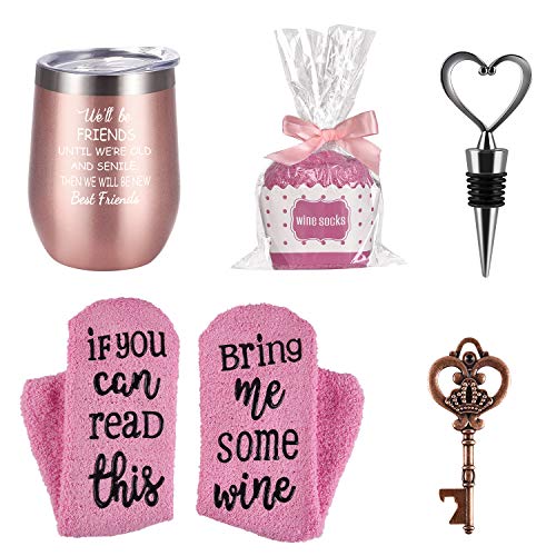 Wine Tumbler Cupcake Wine Socks Set for Girlfriend Her Women Girls, 12 Oz Stainless Steel Friendship Wine Tumbler with Lid, Socks, Bottle Opener, Wine Stopper, Rose gold