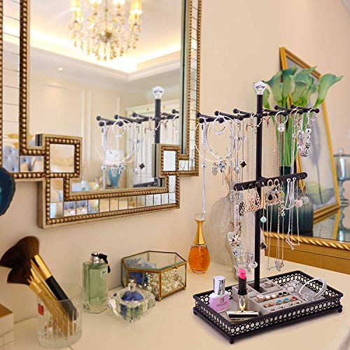 Minggoo Jewelry Tree Stand Organizer 3in1 Necklace Organizer Display Bracelet Earrings and Ring Tray Jewelry Holder Hanger Metal Black