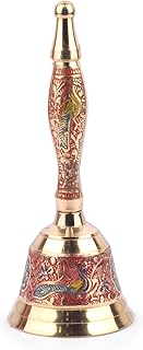 SATVIK 1 Pc Brass Embossed Puja Bell Indian Religious Diwali Festive Daily Pooja Home Mandir Temple Office Ghanti Wedding Christmas Handheld Call Bell Spirtiual Housewarming Return Gifts Items