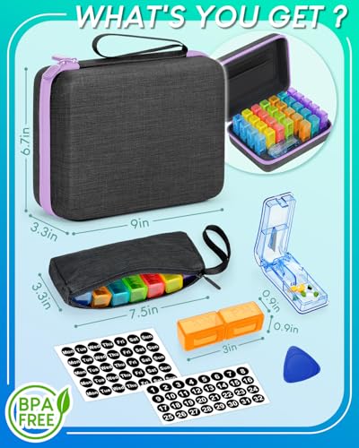 Image of Monthly Pill Organizer 2 Times a Day, with Portable Hard Shell, Pill Cutter, 31-Day Box, Plastic Opening Pick, Monthly & Weekly Stickers, Convenient Medication Management (Purple, 2 Times a Day)