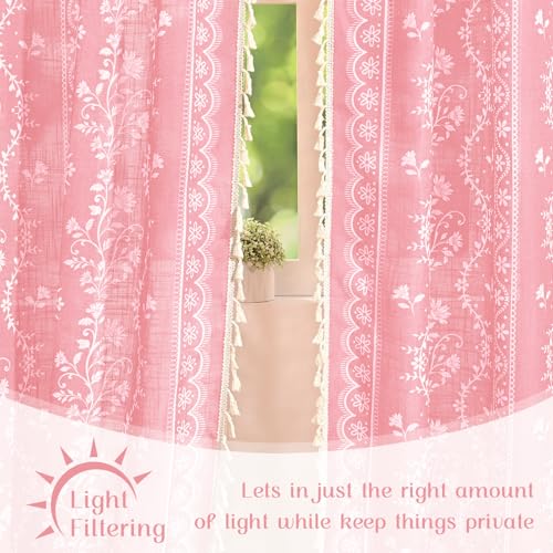 Image of Yinhua Boho Curtains for Living Room 63 Inch Length Vintage Linen Pink Curtains for Bedroom Light Filtering Floral Window Curtain Rod Pocket & Back Tabs Farmhouse Rustic Tassel Drapes with Tiebacks