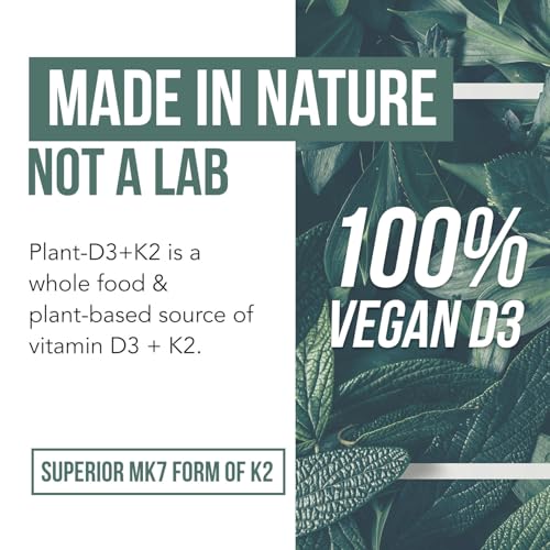 Image of Organic Plant D3 + K2 | 10000 IU D3 + 120 mcg K2 as All-Trans MK7 from MenaQ7 - 100% Whole Food, Raw & Vegan | Enhanced Digestion with Prebiotic & Superfood Complex - D3 from Organic Algae (60 Count)