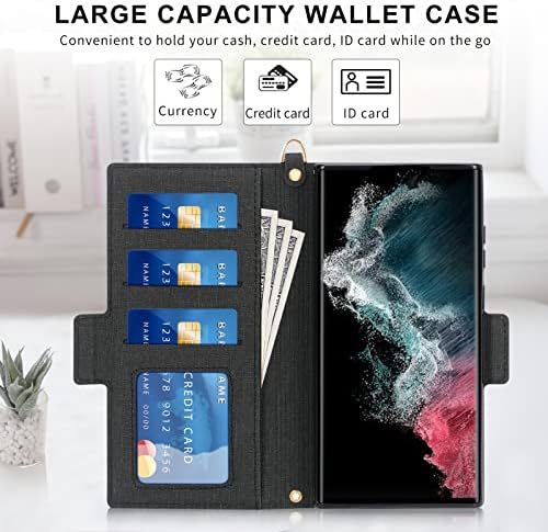 Skycase Samsung Galaxy S22 Ultra 5G Case 6.8, [RFID Blocking] [Kickstand] S22 Ultra PU Leather Wallet Case with Card Slots Flip Case and Detachable Hand Strap for Galaxy S22 Ultra 6.8" 2022, Black