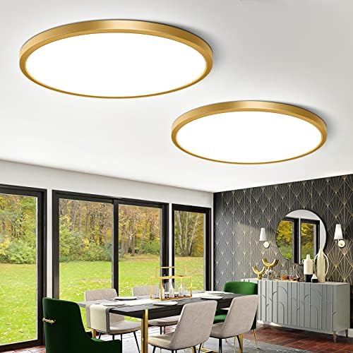 12 Inch Gold LED Ceiling Light Flush Mount, 5000K Daylight White Flat LED Ceiling Light, 24W 3200LM, Round Low Profile Gold Ceiling Lights Fixture for Bedroom, Living Room, Dining Room (2 Pack)