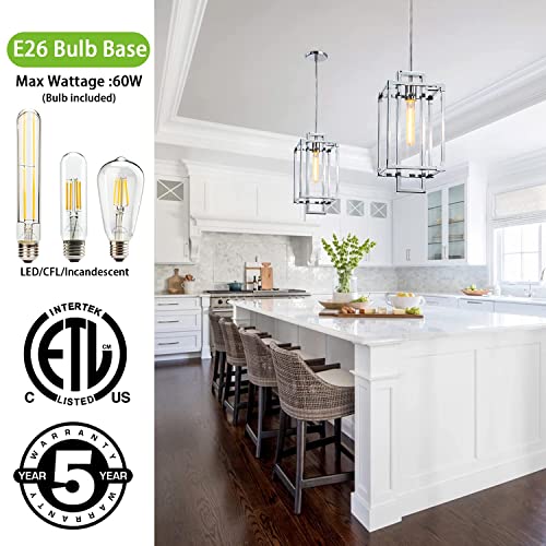 Bunkos 1-Light Lantern Pendant Light In Chrome Finish, Geometric Hanging Light Fixture, 8" Farmhouse Chandelier For Kitchen Island Foyer Hallway, Adjustable Height, T10 Bulb Included #TOP1