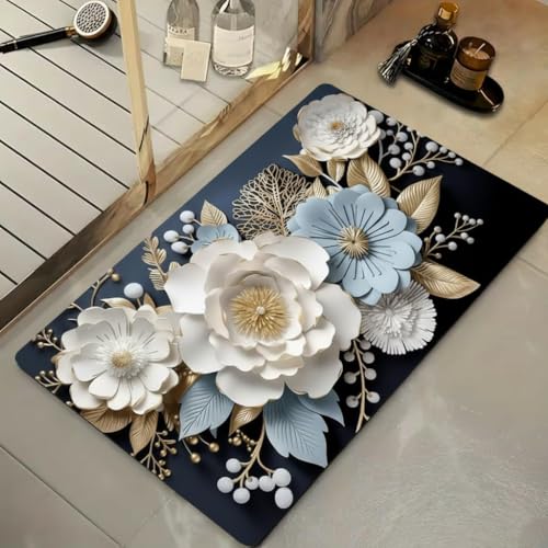 Image of Non-Slip 3D Floral Bath Mat, Quick Dry Absorbent Silicone Floor Mat, Anti Skid Doormat for Bathroom, Home, Office, Living Room, Hallway Runner, Soft Cushion Carpet Rug (Blue)