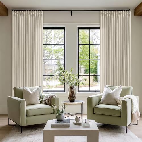 Image of Oatmeal Semi Sheer Pinch Pleated Linen Curtain 94 Inch Long for Living Room | Boho Farmhouse Rustic, Memory Shape Hook Rings, Non See Through Privacy, Apartment Patio, Burlap Textured, Neutral Warm Beige