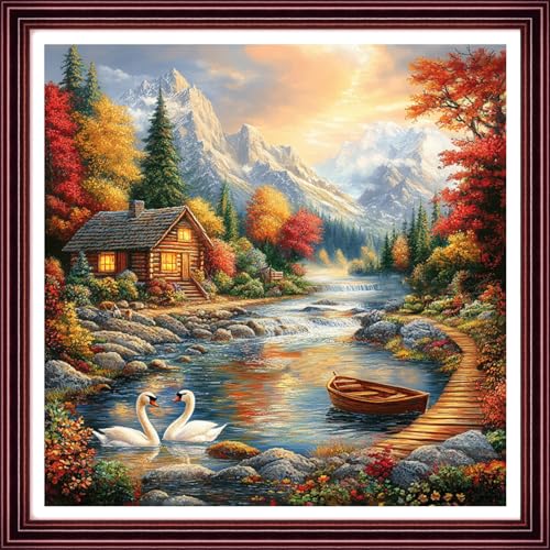 Image of Redxing Stamped Cross Stitch Kits Full Range of Embroidery Starter Kits- Needlepoint Counted Cross Stitch Kits for Beginner Adults 11CT Printed Embroidery Kit-Autumn Scenery Swan Lake 18x18 inch