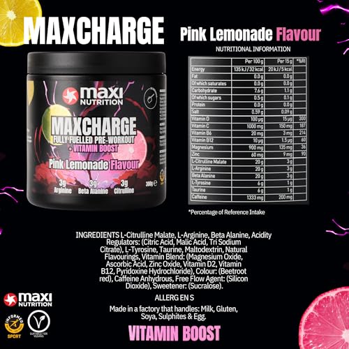 MaxiNutrition Max Charge Vitamin boosted Pre-Workout, Perfectly balanced formulation for boosting Energy & Physical Performance, Sugar-Free, Pink Lemonade flavour, 300g - Image 6