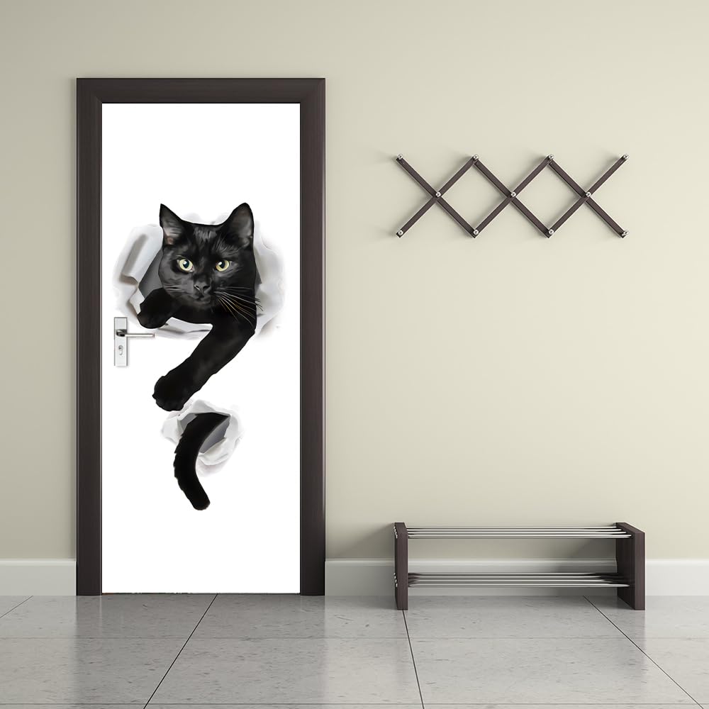 Papier peint de porte autocollant chat 3D amovible et imperméable pour rénovation