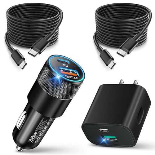 USB C Wall/Car Charger,38W Dual USB-C+USB-A Cigarette Lighter Adapter, 20W Fast Charging Block+2 X 6FT Type-C Cables for iPhone 16,16e,15,Samsung S25, S24 Ultra Pixel Cargador para Carro Plug