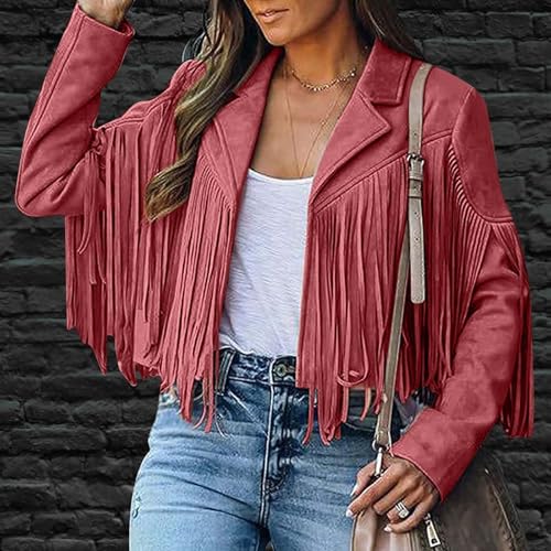 Kubbon Women's Fringe Faux Suede Leather Jackets 2024 Fall Long Sleeve Tassel Cropped Cowboy Coats Motorcycle Outfits2