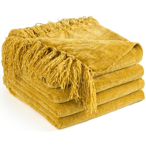LONG CREATE Chenille Throw Blanket for Couch 60" x 80" Twin, Yellow