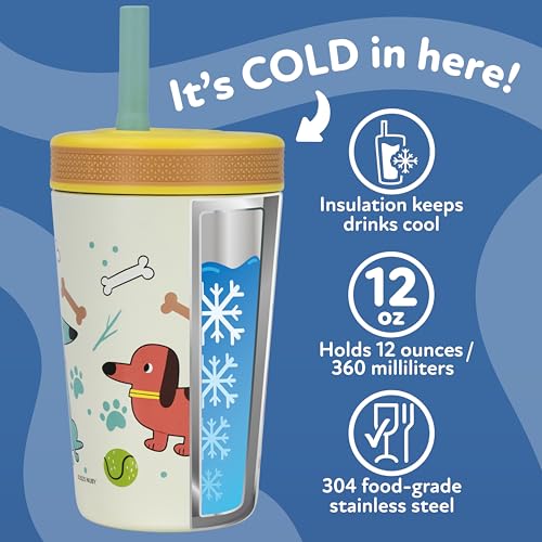 Image of Nuby Thirsty Kids Flexstraw Stainless Steel Insulated Toddler Cup - 12 oz | Leak-Resistant Silicone Straw - Easy-Clean Valve and Capacity - Travel Cup - Dogs