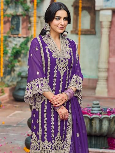 Image of INDO ERA Women's Organza Embroidered Straight Kurta and Pant with Dupatta Set (IEOUT10610)