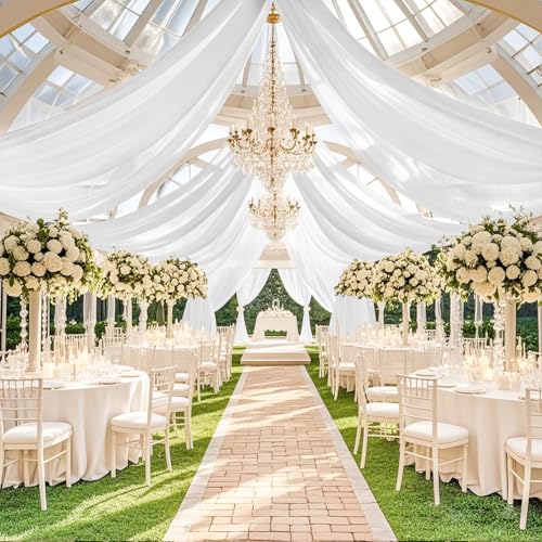Image of FOTSHARER White Ceiling Drapes for Weddings 5FTx30FT 2 Panels Chiffon Arch Draping Fabric Sheer Curtains for Chiffon Ceiling Drapery Tulle Ceiling Drapes for Wedding Party Ceremony Swag Tent Decor
