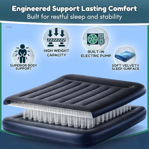 Image of Toy Imagine 6.66 ft Inflatable Air Bed Dura-Beam Plus Pillow Rest Queen Air Mattress with Built-in Electric Pump Fiber-Tech Raised Airbed 203 x 152 x 42 cm Comfortable Guest Bed for Home Travel