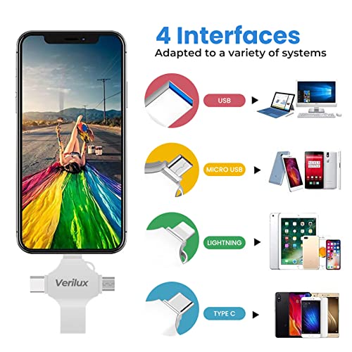Verilux® Flash Drive 64GB 4 in 1 Pendrive with Light-ning, Micro USB, USB A, Type-C Interface Mini Hangable Pen Drive for iOS & Android Compatible with Phone, Pad, Android, PC and More Devices 3 51iDLgJAepL