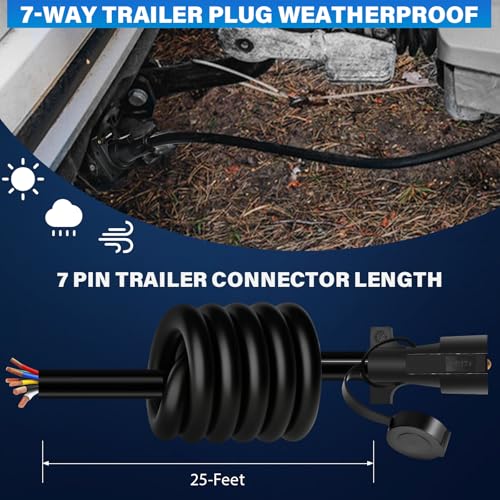 Image of 25 FT Heavy Duty 7 Way Trailer Cord Pure Copper 7 Way Trailer Plug Inline Cord 300 inch 7 Pin Trailer Wiring Harness Double Blade Molded 7 Pin Round Plug for Rvs Camper