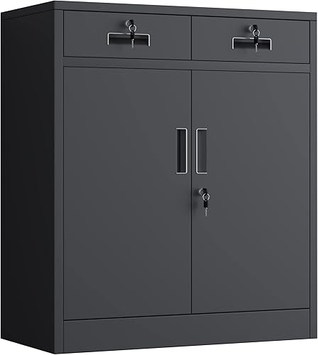Armario de almacenamiento de metal con puertas de bloqueo y 2 cajones, armarios de almacenamiento de acero con cerradura con estantes ajustables