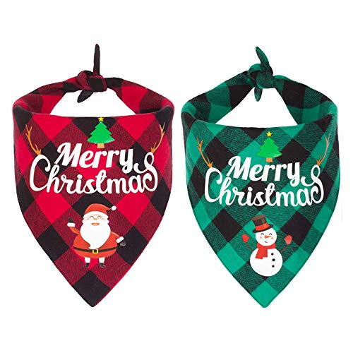 JJsctly Dog Bandana, 2 Pack Christmas Classic Plaid Pet Scarf Triangle Bibs Kerchief Set Merry Christmas Santa Snowman Printing Pet Bandana for Small Medium Large Dogs Cats Pets