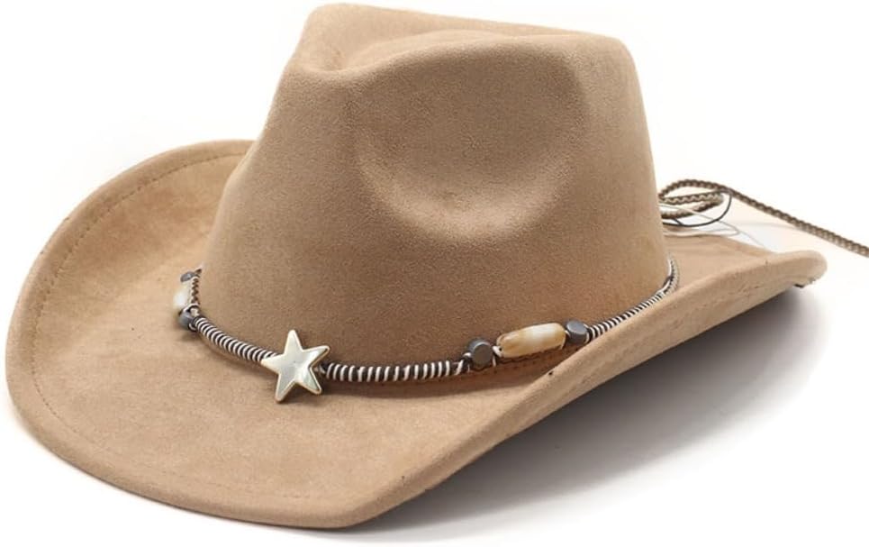 Western Cowboy Hat, Brown, Felt Material, Star Beaded Hatband, Adjustable Chin Strap