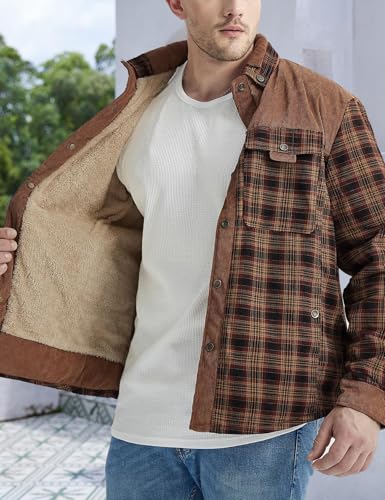 Image of Gihuo Men's Long Sleeve Sherpa Lined Shirts Outdoor Warm Flannel Plaid Jacket Button Down Fleece Coats