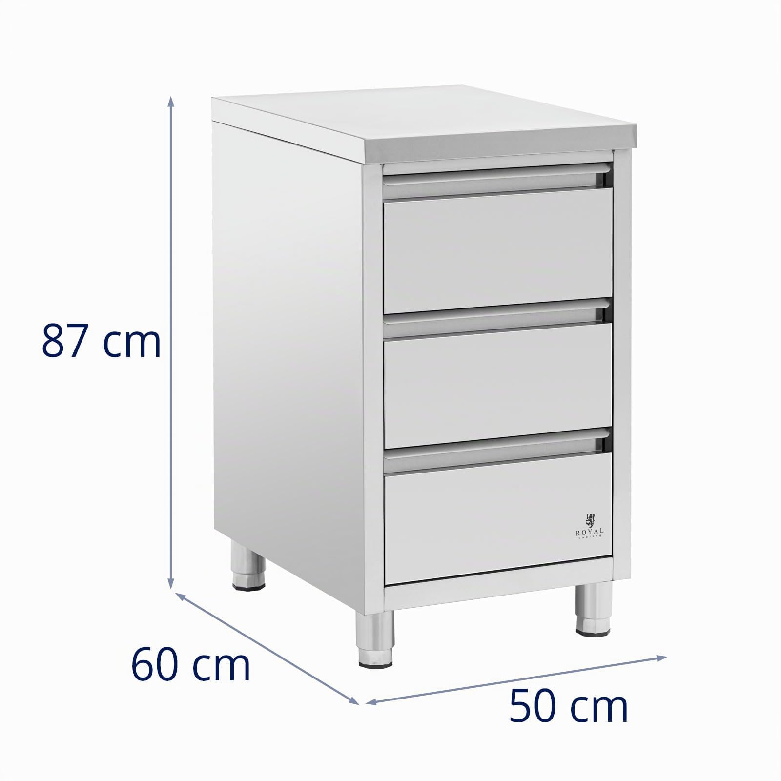 Royal Catering RCCD-3S - Armadio da lavoro in acciaio INOX con 3 cassetti, 50 x 60 cm, altezza regolabile, in acciaio INOX