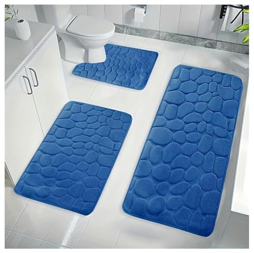 BLUEZY Badezimmerteppich Set 3 Teilig, Badematten, Badgarnitur, rutschfest Saugfähige Badezimmerteppich Maschinenwaschbar Badvorleger Und Toilettenmatte Für Dusche, Badewanne Und WC A