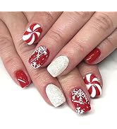 ZASKHLD Christmas Press on Nails Short Square Fake Nails Red Swirl Snowflake Christmas Acrylic Fa...