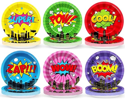 CHUNNIN 60 Pcs Super Theme Hero Party Plates for Birthday Party Decorations 9in Super Theme Hero Paper Plates Disposable Colorful Paper Plate for Kids Home Birthday Event Supplies