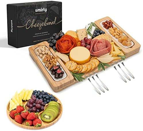 SMIRLY Bamboo Cheese Board Set - Large Charcuterie Board Set - Wooden Cheese Boards Charcuterie Boards - Unique Housewarming Gift - Appetizer & Cheese Platter, Meat and Cheese Tray, Wood Serving Board