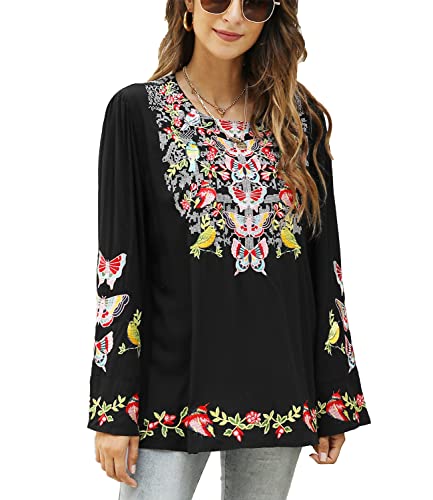Higustar Women's Bohemian Embroidered Tops Mexican Style Blouses Traditional Boho Peasant Fall Tunic Shirt Hippie Clothing Black #TOP2