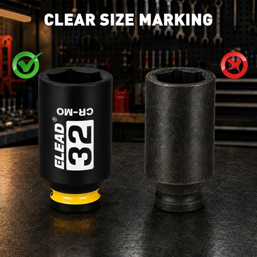 Image of ELEAD 32 mm Socket 1 /2 inch Drive Deep Impact Socket, Metric 6 Point 1 /2-inch Drive Impact Axle Nut Sockets, CR-MO Nut Socket Set, Tools for Easy Removal of Axle Shaft Nuts