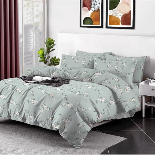 RAYBedding 4PCS Double Duvet Cover Bed Set 100% Egyptian Cotton 400 TC Floral Pattern Duvet Cover Double Set With Printed Fitted Sheet & Pillow Cases 2 Pack