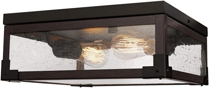 GLOBE Electric 65917 2-Light Flush Mount Ceiling Light, Dark Bronze, Dark-Wood Finish Accents, 5 Seeded Glass Panes, Bedroom Lighting Fixtures Ceiling, Lighting for Hallway or Dining Room Dark Bronze, Dark Wood