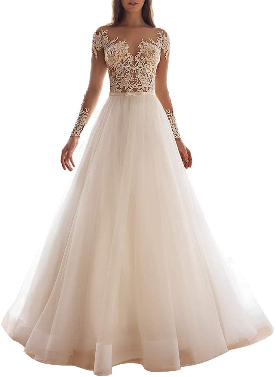 iluckin Women's Beach Long Sleeves Appliques Lace A Line Wedding Dresses for Bride Boho Bridal Ball Gowns