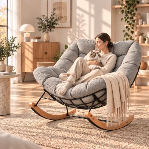 Image of FLEXISPOT Rocking Chair Indoor Outdoor, Oversized Papasan Chair with Thick Cushion, Reclining Lounge Armchair, Metal Frame & Wooden Base, Accent Rocker for Patio Garden Balcony Living Room