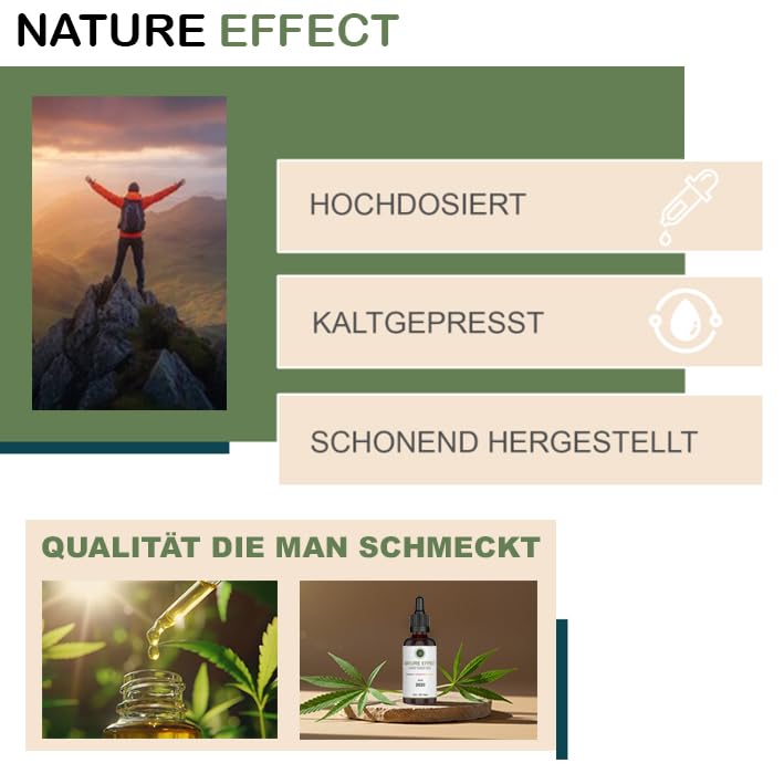 NATURE EFFECT - Premium HanföI 30 ml - Hanfsamenöl hochdosiert mit Omega 3-6-9 Öl Fettsäuren - Made in Germany - 750 Tropfen in Braunglasfalsche inkl. Pipette