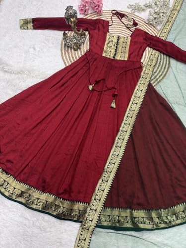 Image of Elegant Vichitra Silk Gown with Jacquard Zari Border - Includes Soft Net Dupatta with Lace Trim - Parrty Wear Ethnic Dress for Women & Girls