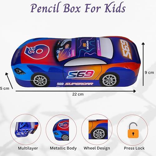 Image of ZAFCO Metal Pencil Box for Boys | Compass for Kids | Pen Box for Students | Geometry for School | Car Theme | Birthday Return Gift 1 Unit (Blue)