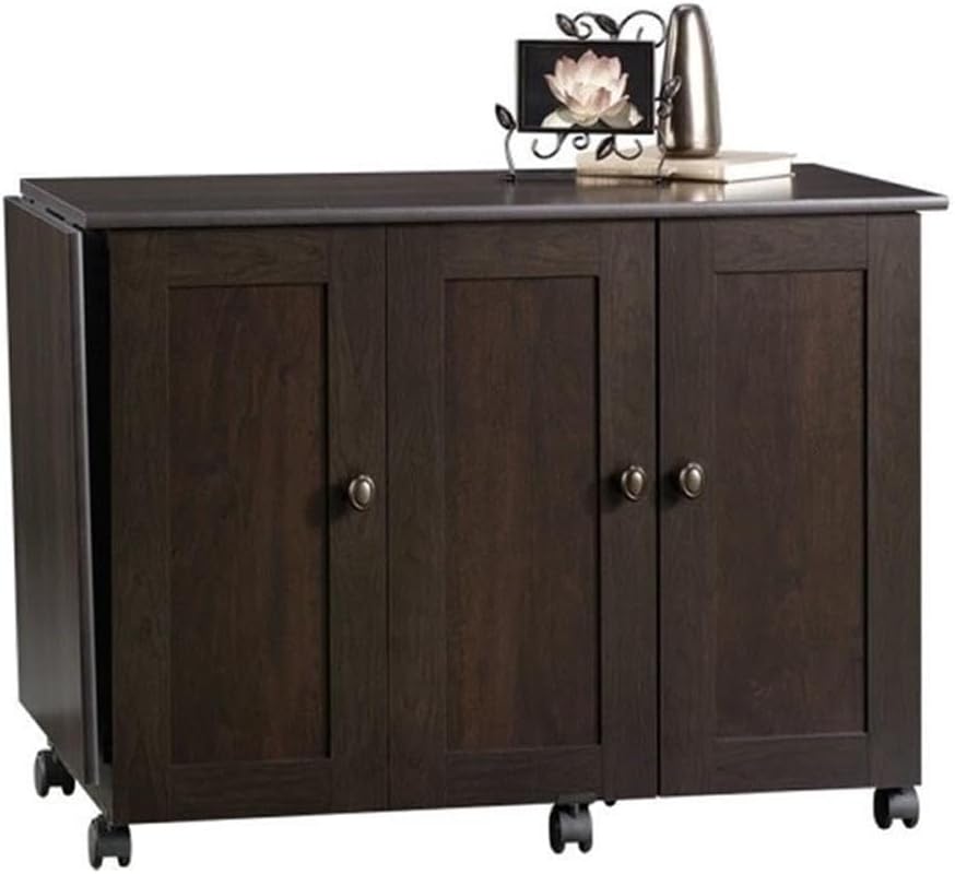 BOWERY HILL Engineered Wood Craft and Sewing Table, Cinnamon Cherry Finish, Hinged Drop Leaf, Heat-Resistant Melamine Top, Storage Shelves and Bins, Mobile Design with Casters, Space-Saving Home