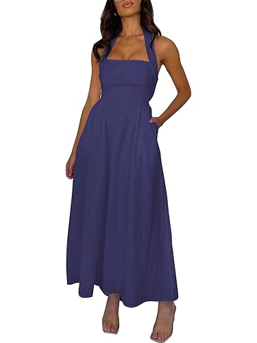 Simple Flavor Women's Halter Neck Linen Midi Dress Off Shoulder