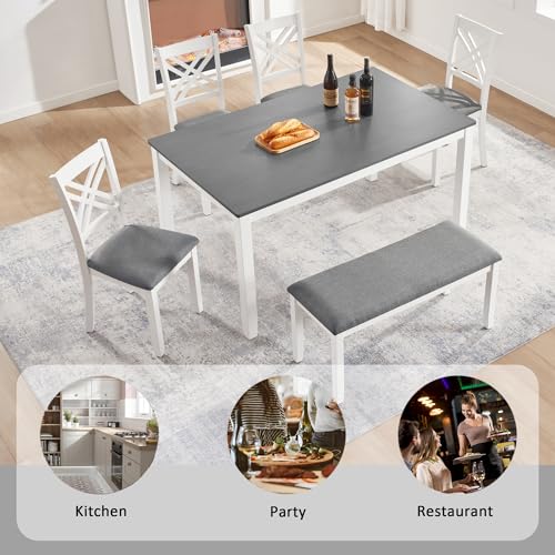 Image of Harper & Bright Designs 6 Piece Kitchen Dining Set, 58.5 inch Rectangular Rubber Wood Table with 4 Upholstered Chairs and Bench, Grey & White Modern Farmhouse Dining Table Set for 6, Kitchen Living Room