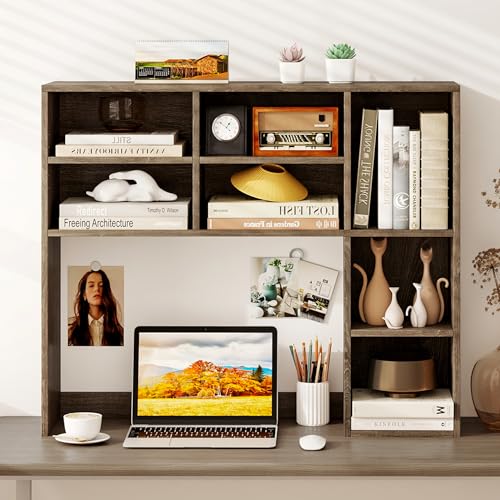 Image of Tangkula Desktop Bookshelf, 37 inch Countertop Storage Hutch with 7 Cubes & 3 Adjustable Shelves, 3-Tier Desk Display Rack Organizer, Multipurpose Wood Desktop Hutch for Dorm Home Office (Grey)