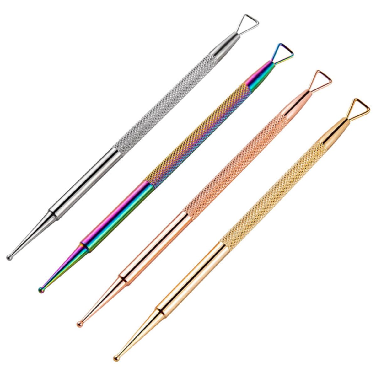 Tofficu 4pcs Stainless Steel Nail Dotting Pen with Textured Grip Double-ended Nail Art Pusher and Triangular Cuticle Peeler Tool for Manicure and Spas