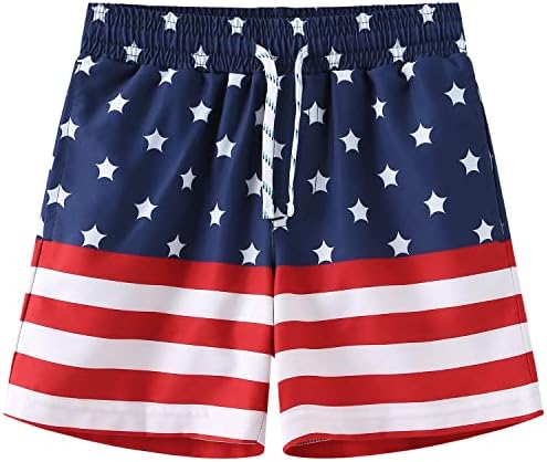 HODOSPORTS Boys Swim Trunks Swimwear Toddler Bathing Suits Swim Short with Pockets Red/White-American Flag 8-10