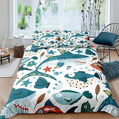CHCHNXY Funda Nordica Cama 90 Tiburón Infantil Juego de Funda de Edredón de Microfibra de 3 Piezas,con Cremallera,Suave 1 Funda de Edredón 150x220cm+2 Fundas de Almohada 50x80cm
